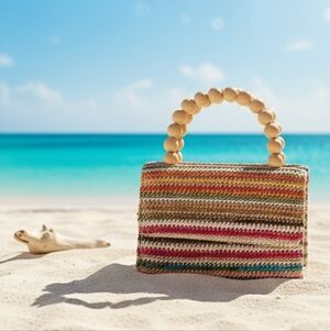 New D'margeaux Small Stripe Multicolor Woven Wood Top Handle Bag